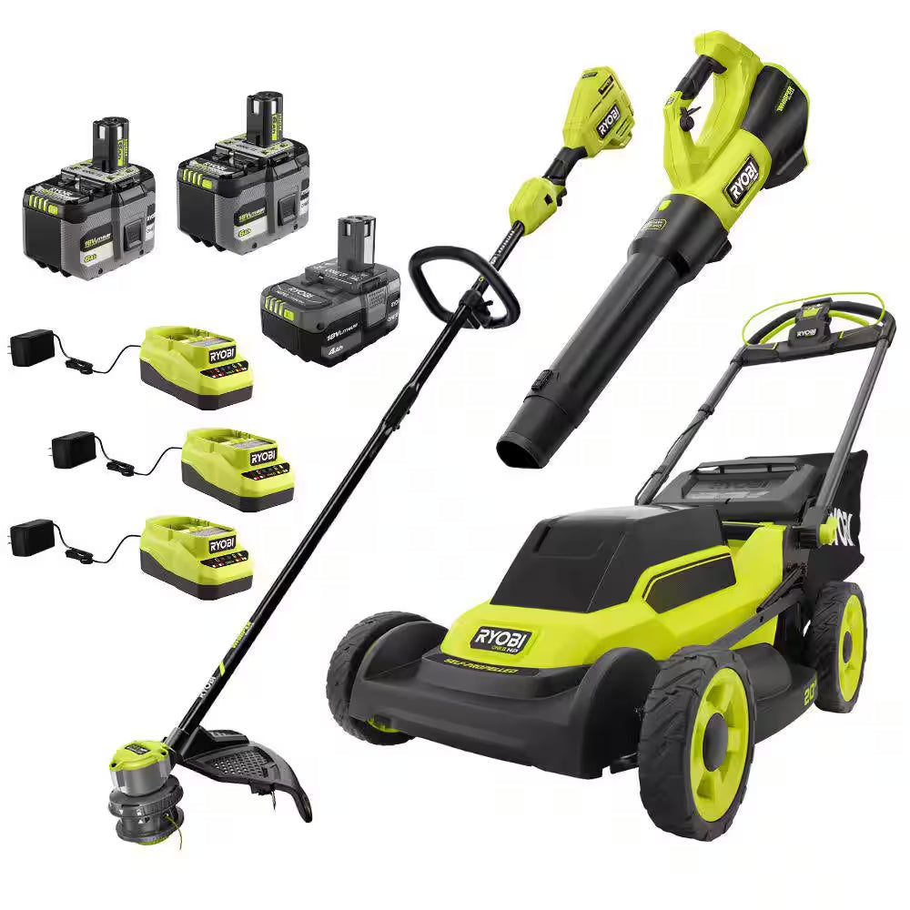 ONE+ HP 18V Brushless 20 In. Cordless Walk behind Self Propelled Mower, Blower & String Trimmer W/ Batteries & Chargers