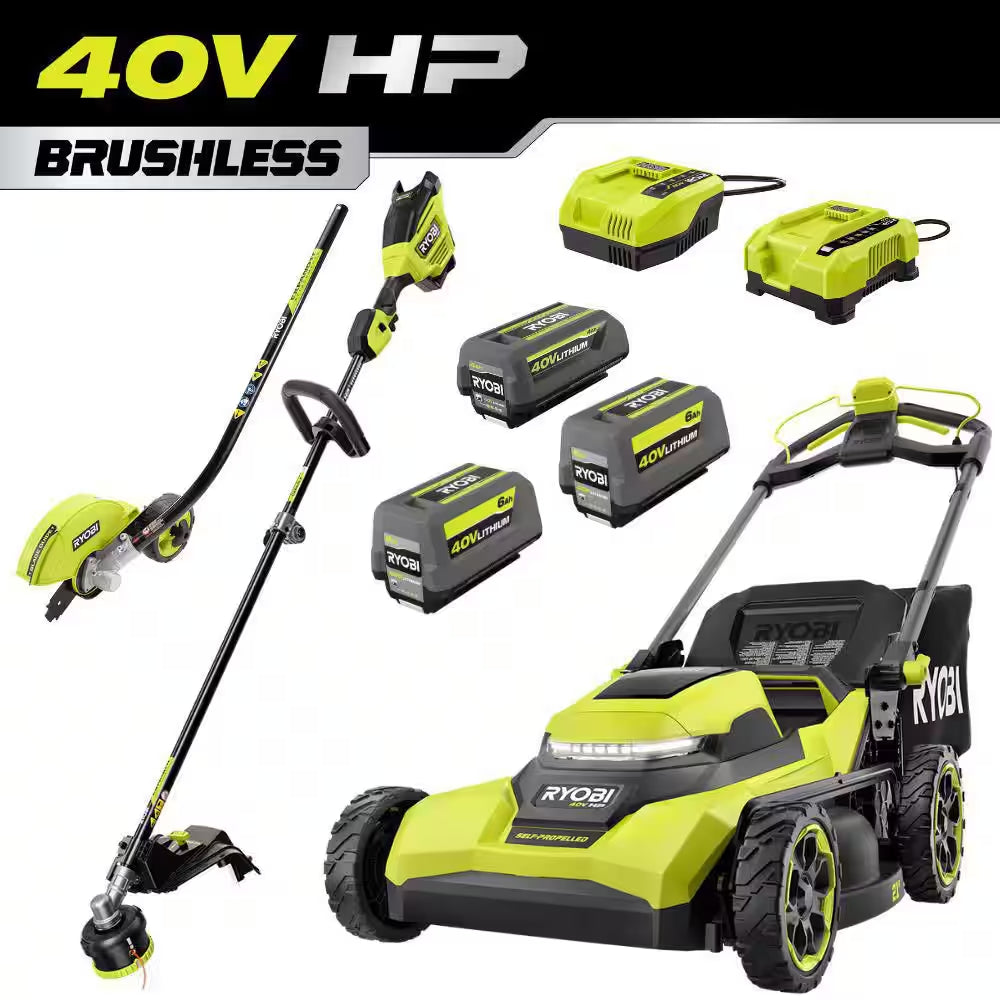 40V HP Brushless 21" Cordless Walk behind Self-Propelled Mower, W/ String Trimmer, Edger, (3) Batteries & (2) Chargers