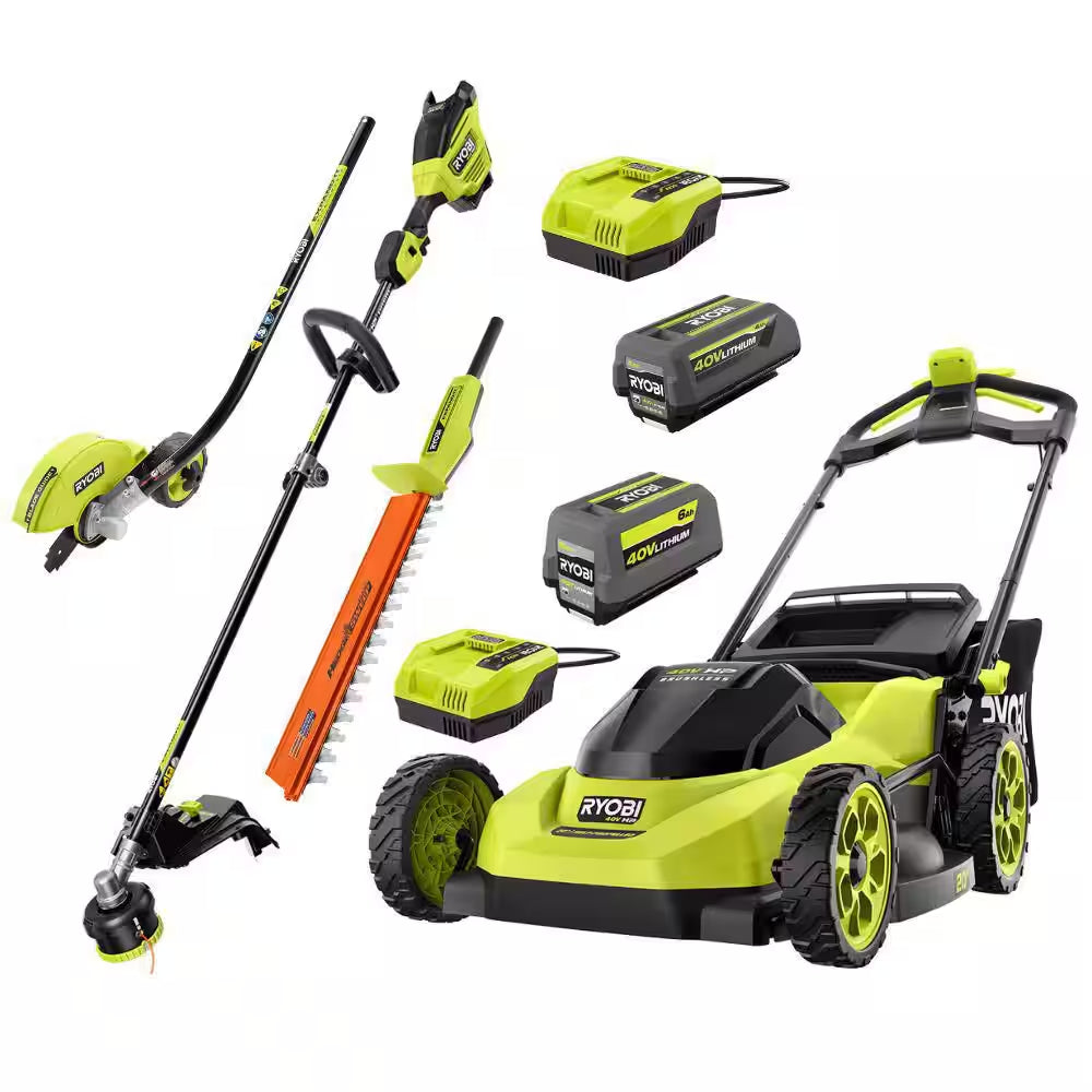 40V HP Brushless 20" Walk behind Self-Propelled Mower, String Trimmer, Edger & Hedge Trimmer-(2) Batteries (2) Chargers