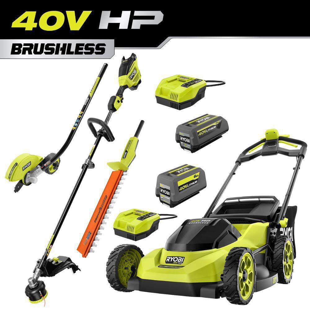 40V HP Brushless 20" Walk behind Self-Propelled Mower, String Trimmer, Edger & Hedge Trimmer-(2) Batteries (2) Chargers