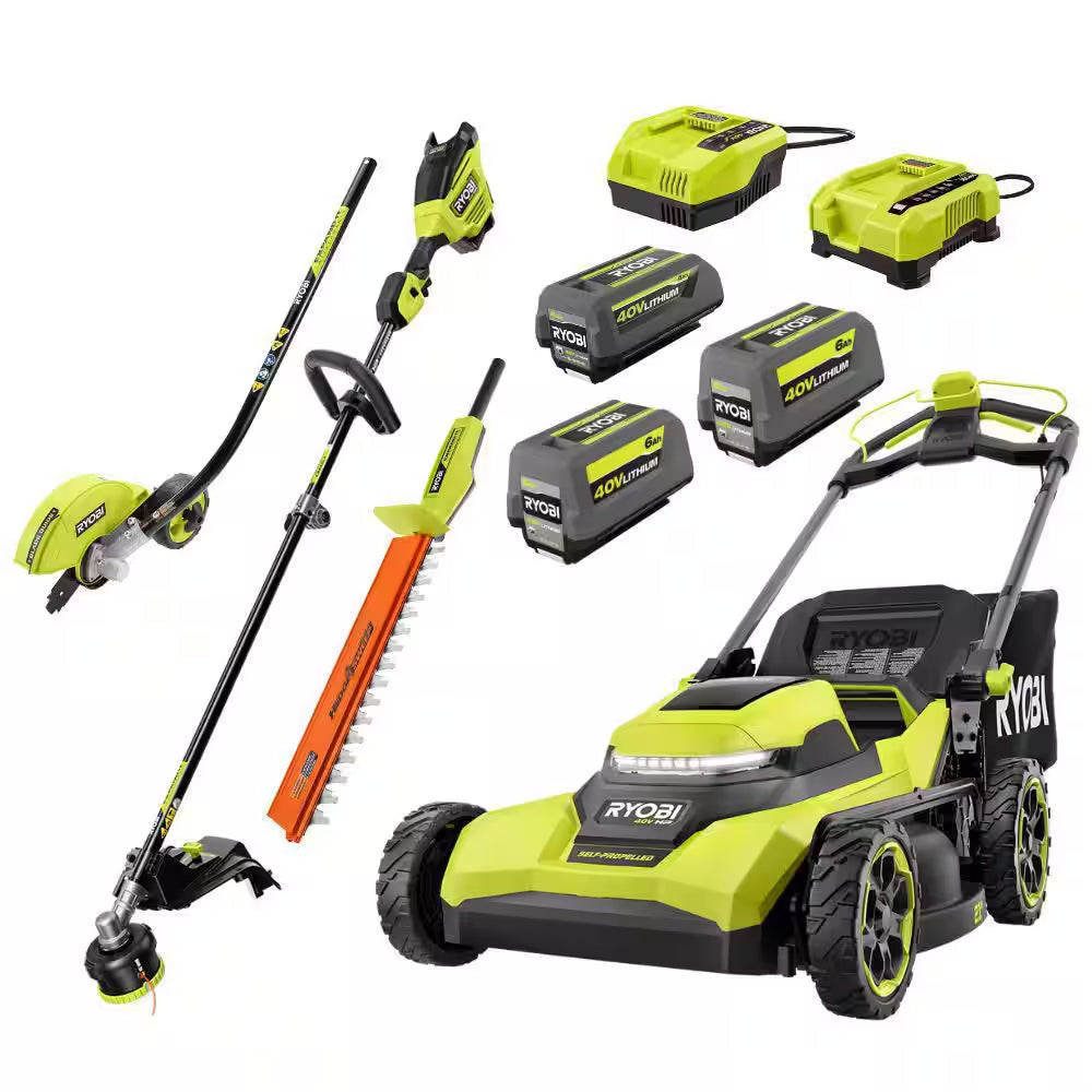 40V HP 21" Brushless Walk behind Self-Propelled Mower, String Trimmer, Edger & Hedge Trimmer-(3) Batteries (2) Chargers