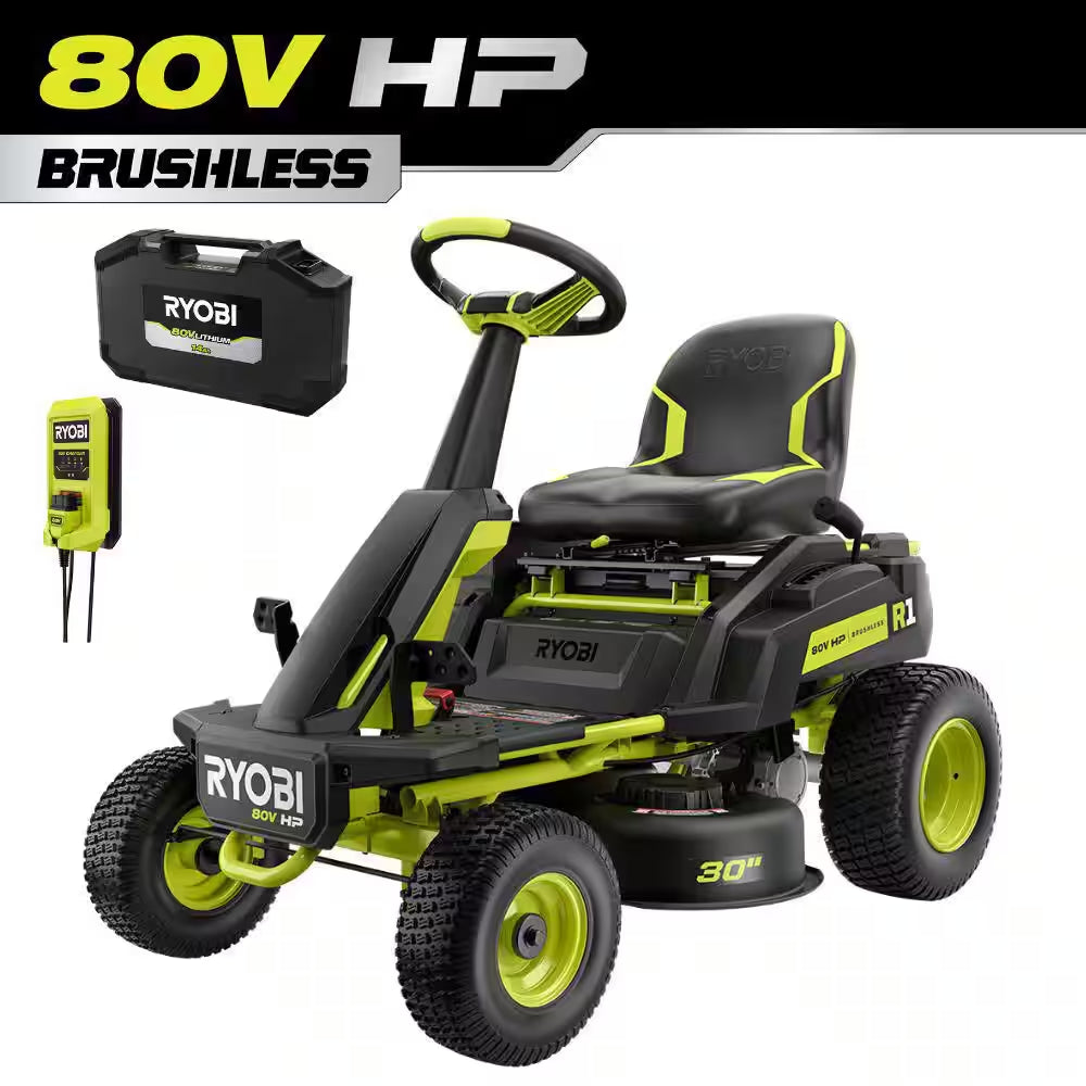 R1 80V HP Brushless Lithium Battery Cordless Electric 30 In. Riding Lawn Mower with 14 Ah Battery and Charger