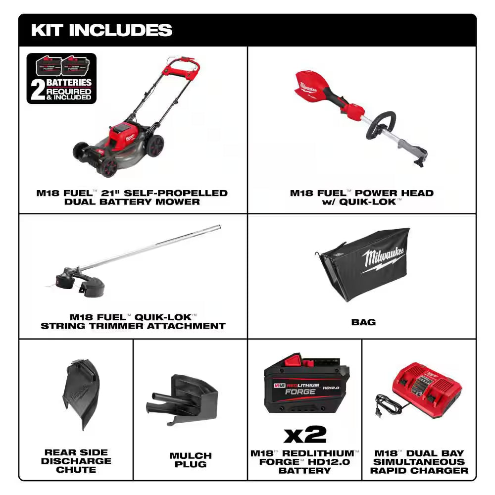 M18 FUEL 18V 21 In. Brushless Cordless Dual Battery Self-Propelled Mower W/ String Trimmer, (2) Batteries, Charger