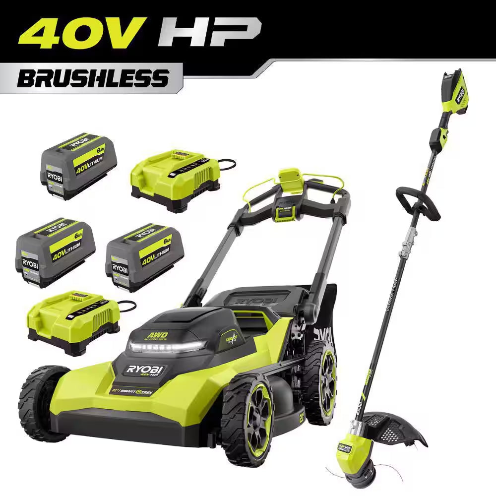 40V HP Brushless Whisper Series 21" Walk behind Self-Propelled All Wheel Drive Mower & Trimmer W/ 3 Batteries & Chargers