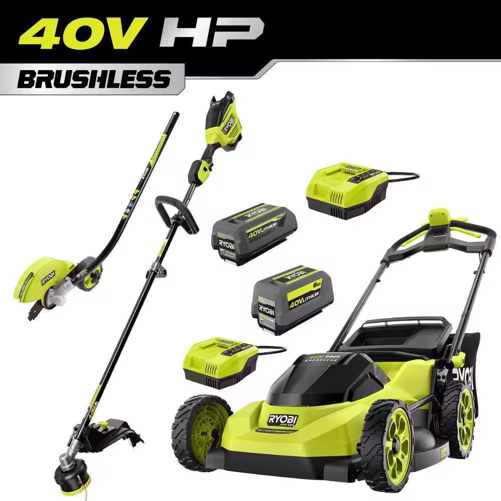 40V HP Brushless 20 In. Walk behind Self-Propelled Mower, 17 in String Trimmer/Edger with (2) Batteries and (2) Chargers