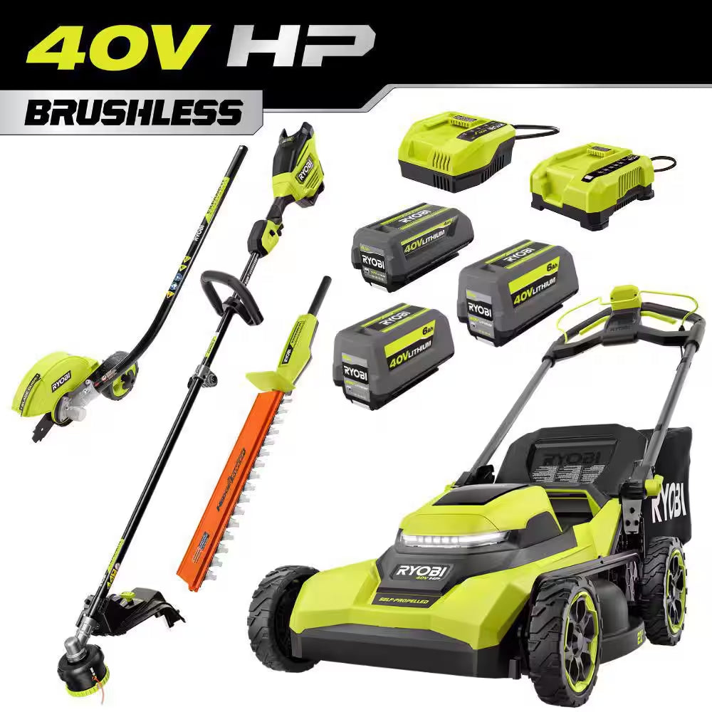 40V HP 21" Brushless Walk behind Self-Propelled Mower, String Trimmer, Edger & Hedge Trimmer-(3) Batteries (2) Chargers