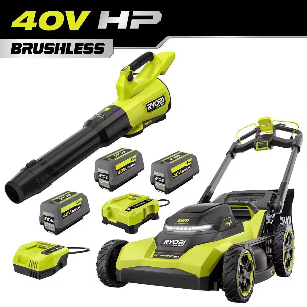 40V HP 21" Brushless Cross Cut Self-Propelled All Wheel Drive Mower W/ 800 CFM Blower, (3) Batteries & (2) Chargers