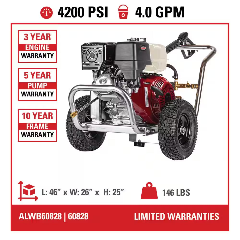 4200 PSI 4.0 GPM Gas Pressure Washer, Honda GX390 Engine, CAT Pump, Commercial Cold Water Power Washer