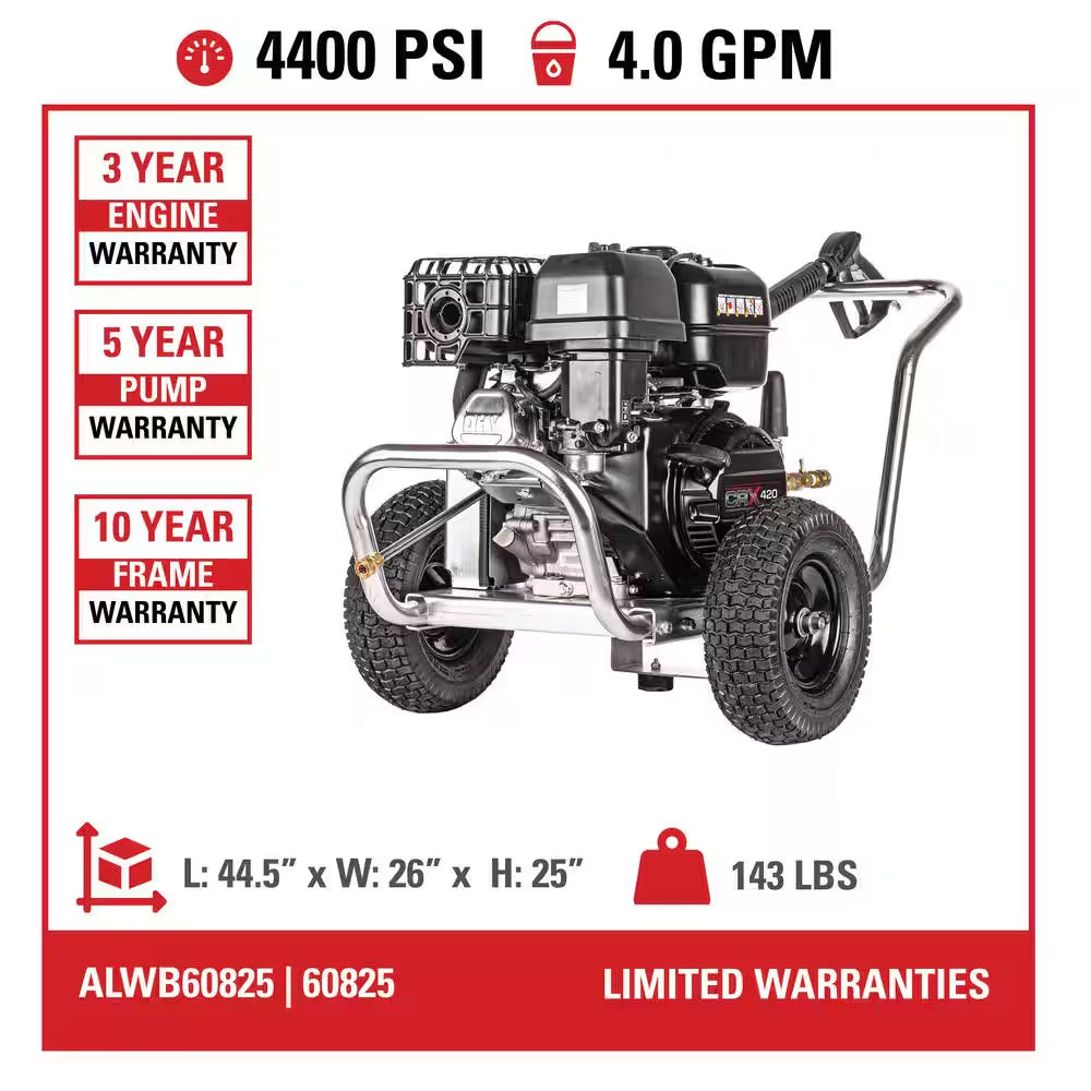 4400 PSI 4.0 GPM Belt Drive Gas Pressure Washer, CRX420 Engine, Aluminum Frame, Heavy-Duty Commercial Cold Water