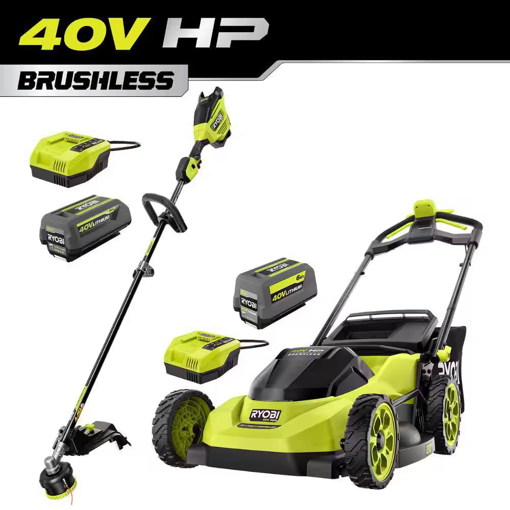 40V HP Brushless 20" Cordless Electric Walk behind Self-Propelled Mower W/ 17" String Trimmer, (2) Batteries & Chargers