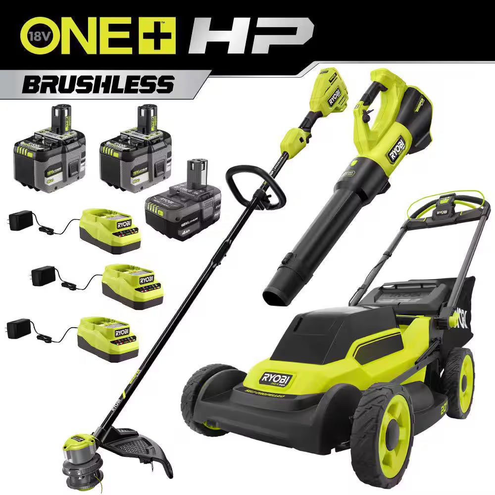 ONE+ HP 18V Brushless 20 In. Cordless Walk behind Self Propelled Mower, Blower & String Trimmer W/ Batteries & Chargers