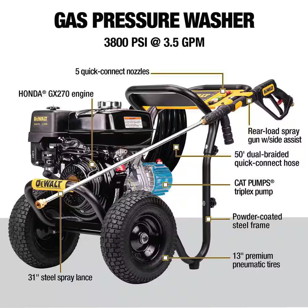 3800 PSI 3.5 GPM Gas Pressure Washer, Honda GX270 Engine, CAT Pump, Heavy-Duty Commercial Cold Water Power Washer