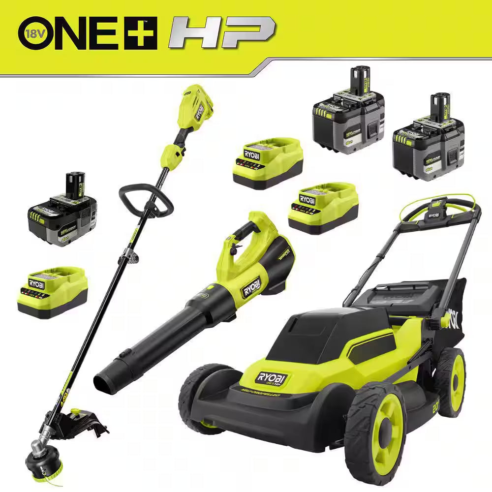 ONE+ HP 18V Brushless 20" Cordless Walk behind Self-Propelled Mower, Blower & String Trimmer W/ (3) Batteries & Chargers