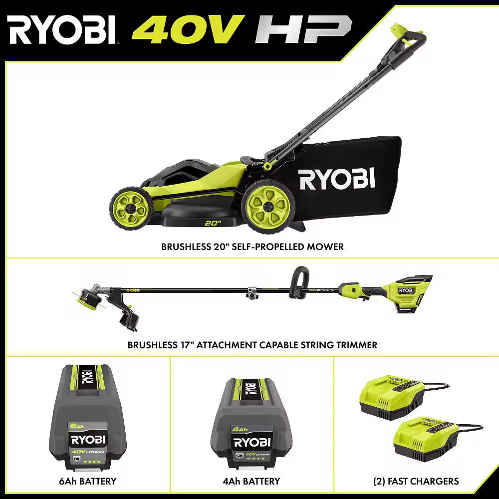 40V HP Brushless 20" Cordless Electric Walk behind Self-Propelled Mower W/ 17" String Trimmer, (2) Batteries & Chargers