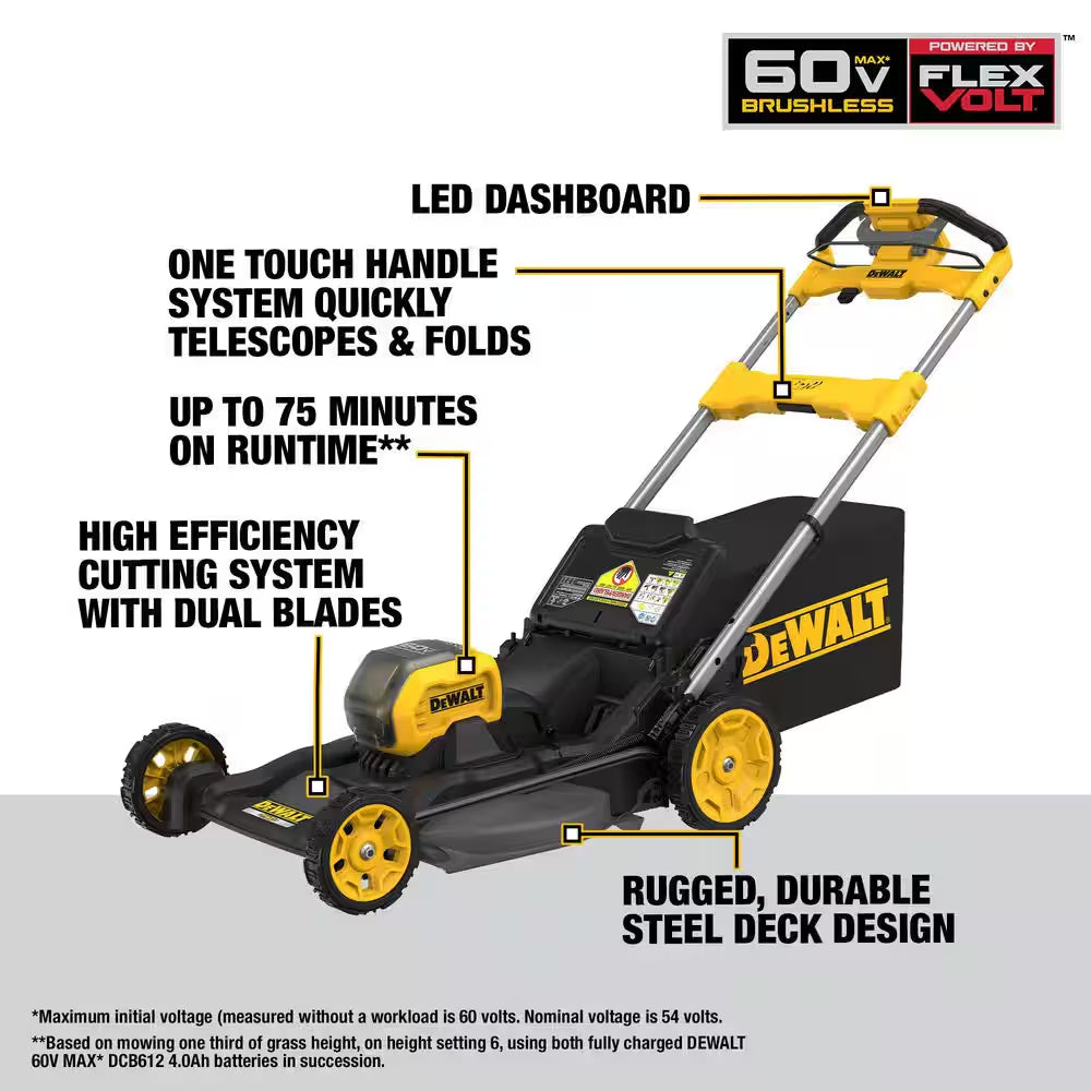 FLEXVOLT 1 X 60V MAX 21 In. Cordless Battery Powered Self Propelled Lawn Mower, Trimmer and Blower W/ (2) 4Ah Batteries
