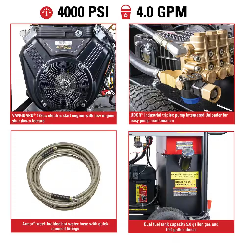 4000 PSI 4.0 GPM Hot Water Gear Drive Gas Pressure Washer with E-Start Vanguard Engine, Commercial Power Washer