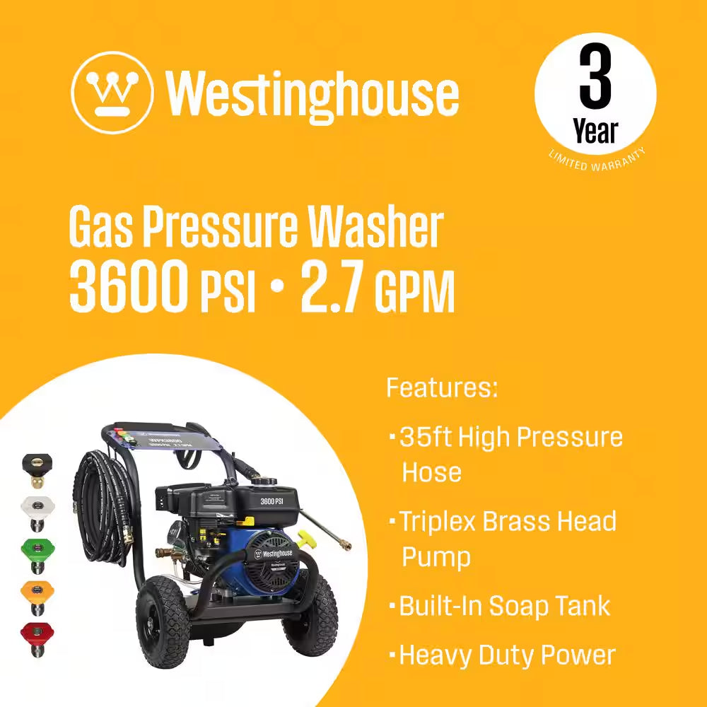 3600 PSI 2.7 GPM 212Cc Gas Powered Triplex Pump Cold Water Pressure Washer with 5-Quick Connect Nozzles