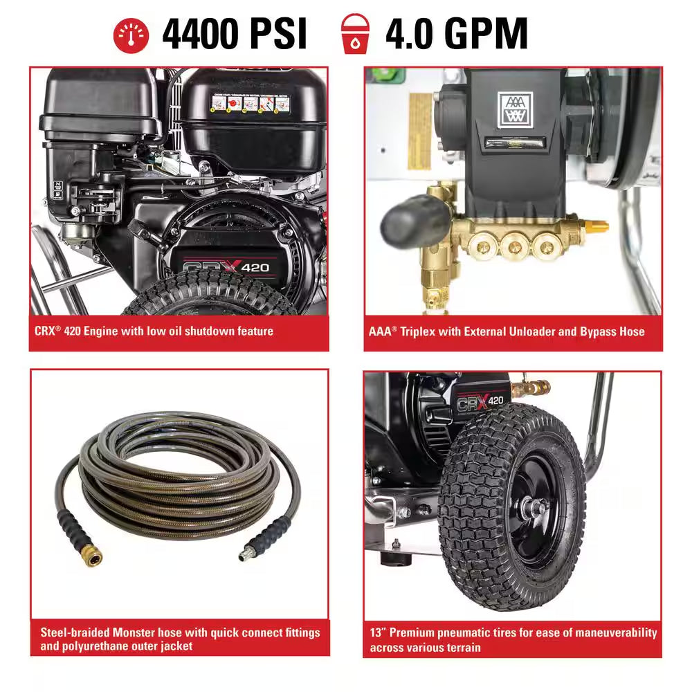 4400 PSI 4.0 GPM Belt Drive Gas Pressure Washer, CRX420 Engine, Aluminum Frame, Heavy-Duty Commercial Cold Water