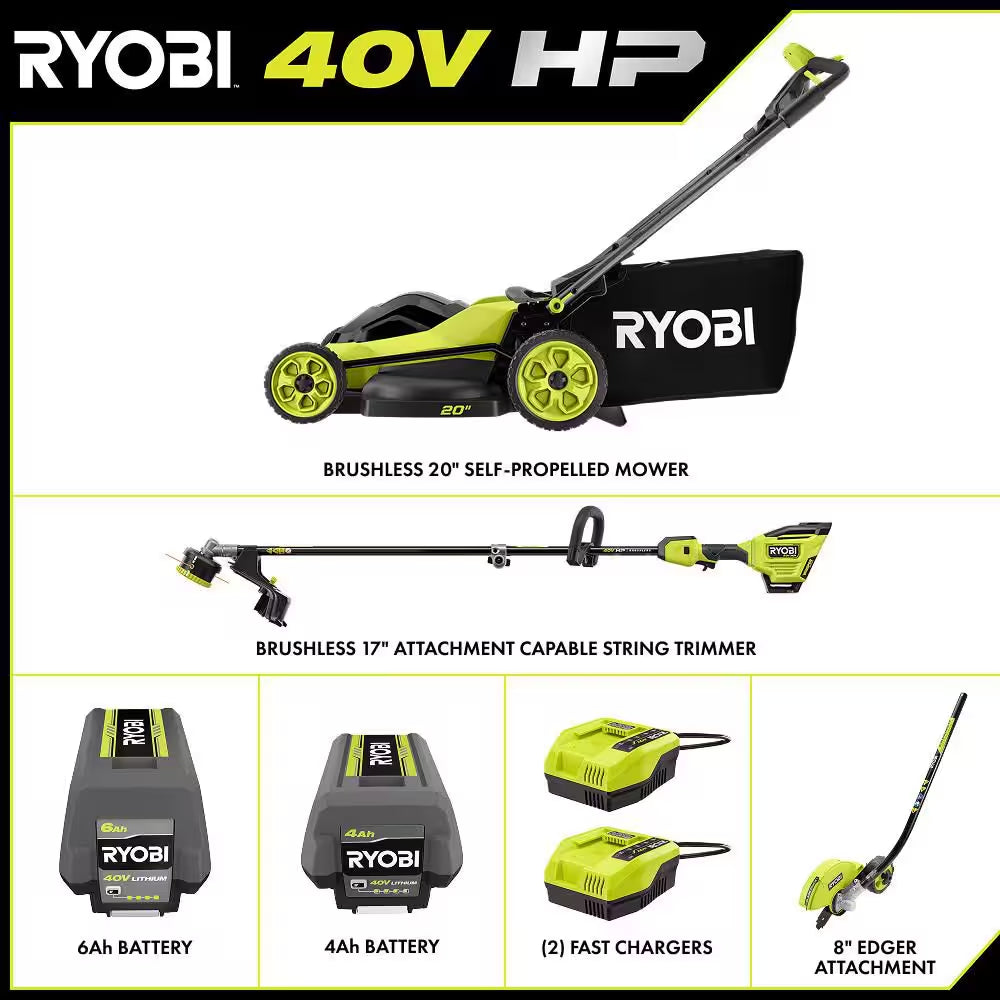 40V HP Brushless 20 In. Walk behind Self-Propelled Mower, 17 in String Trimmer/Edger with (2) Batteries and (2) Chargers
