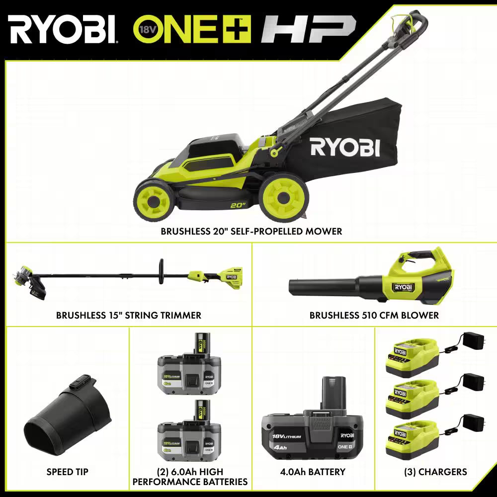 ONE+ HP 18V Brushless 20 In. Cordless Walk behind Self Propelled Mower, Blower & String Trimmer W/ Batteries & Chargers