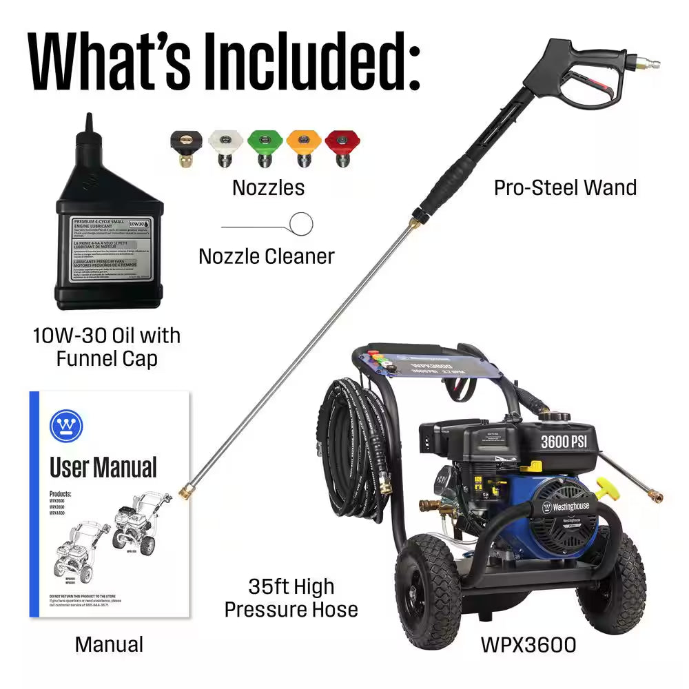 3600 PSI 2.7 GPM 212Cc Gas Powered Triplex Pump Cold Water Pressure Washer with 5-Quick Connect Nozzles