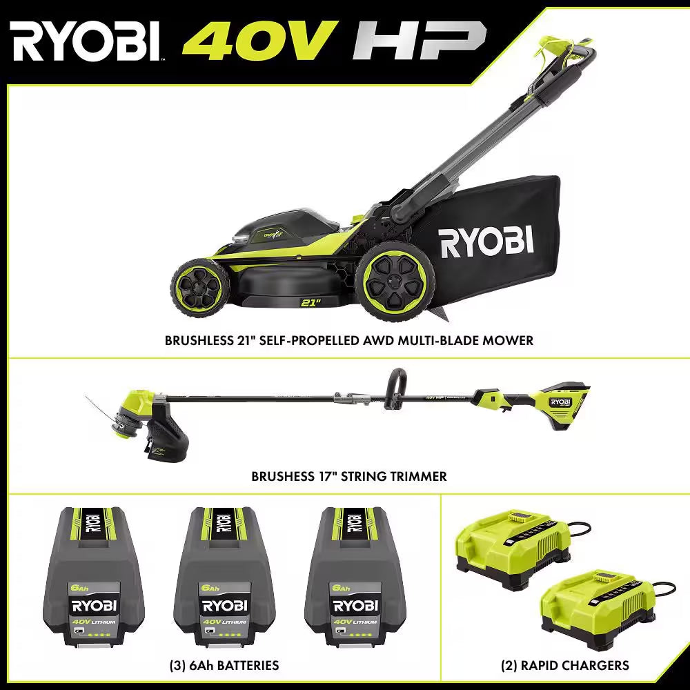 40V HP Brushless Whisper Series 21" Walk behind Self-Propelled All Wheel Drive Mower & Trimmer W/ 3 Batteries & Chargers