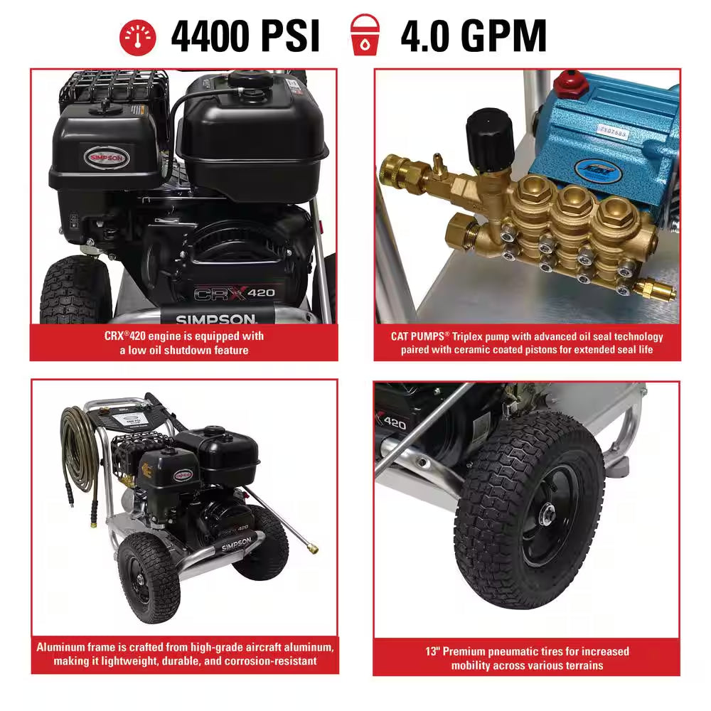 4400 PSI 4.0 GPM Gas Pressure Washer, CAT Pump, Aluminum Frame, Heavy-Duty Commercial Cold Water Power Washer