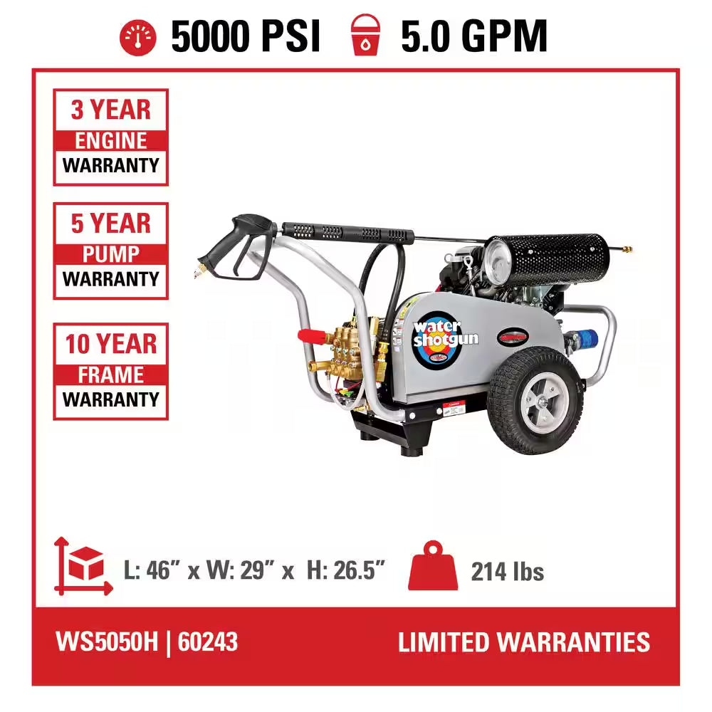 5000 PSI 5.0 GPM Belt Drive Gas Pressure Washer, Honda GX690 Engine, Commercial Cold Water Power Washer