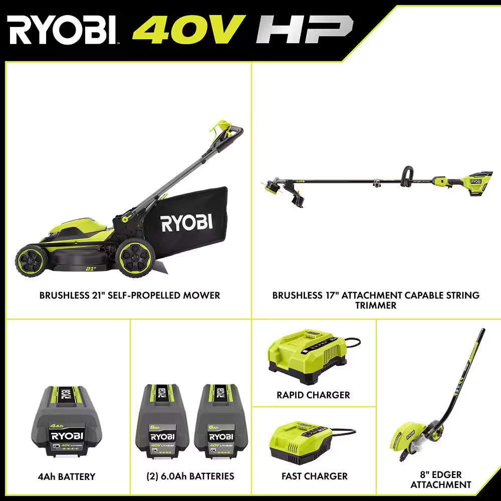 40V HP Brushless 21" Cordless Walk behind Self-Propelled Mower, W/ String Trimmer, Edger, (3) Batteries & (2) Chargers