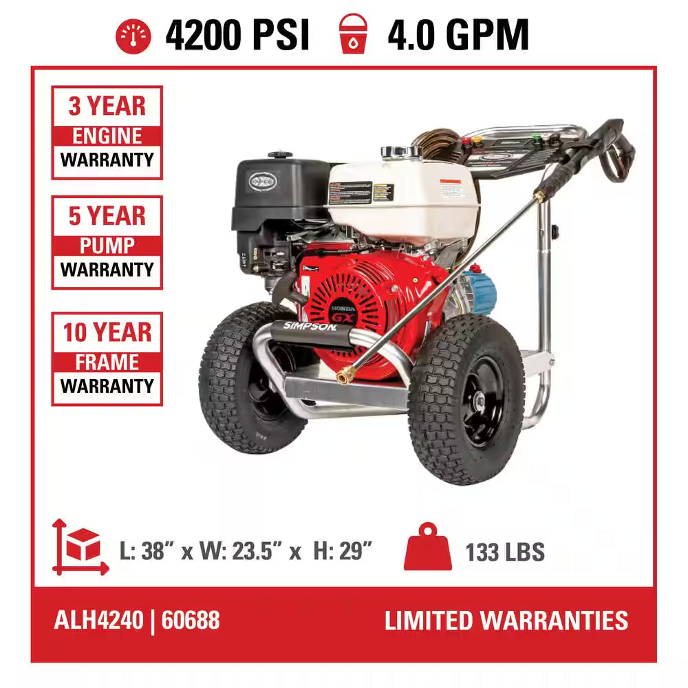 4200 PSI 4.0 GPM Gas Pressure Washer, Honda GX390 Engine, Aluminum Frame, Commercial Cold Water Power Cleaner