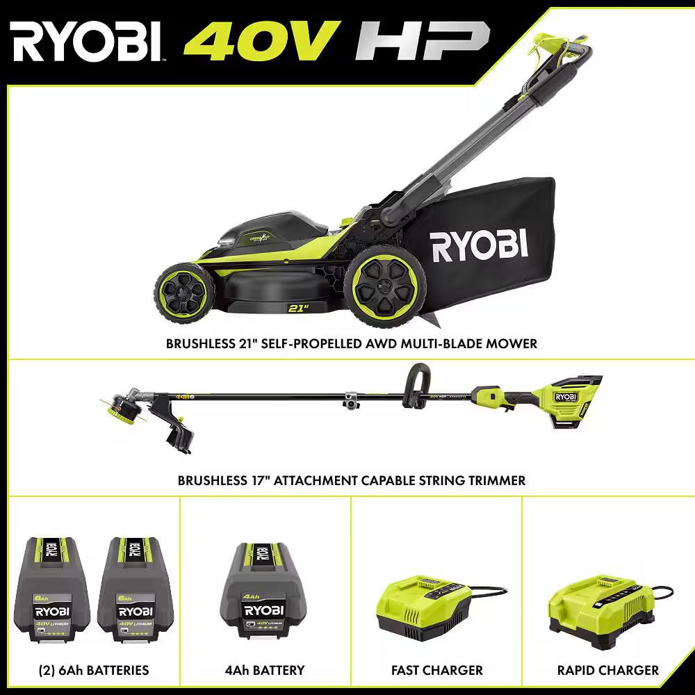 40V HP 21" Brushless Cross Cut Self-Propelled All Wheel Drive Mower W/ 17" String Trimmer-(3) Batteries & (2) Chargers