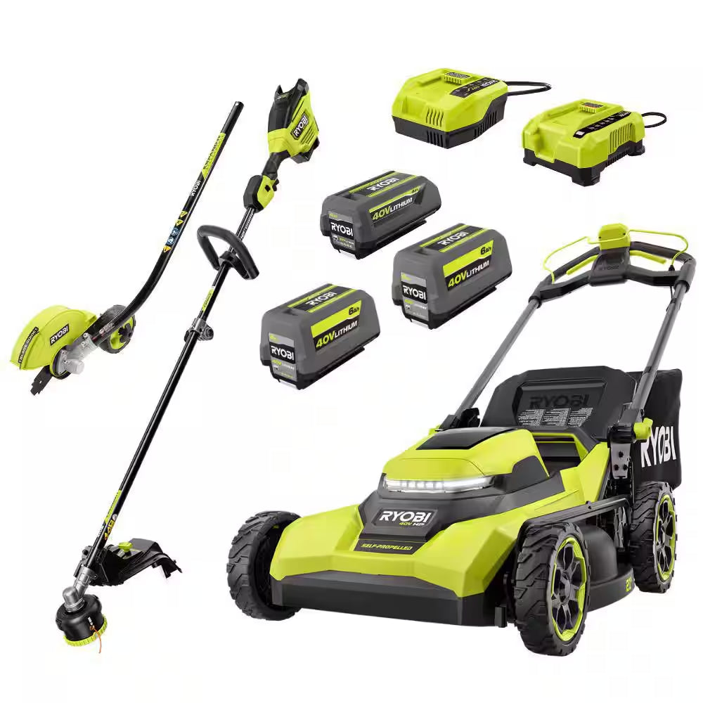40V HP Brushless 21" Cordless Walk behind Self-Propelled Mower, W/ String Trimmer, Edger, (3) Batteries & (2) Chargers