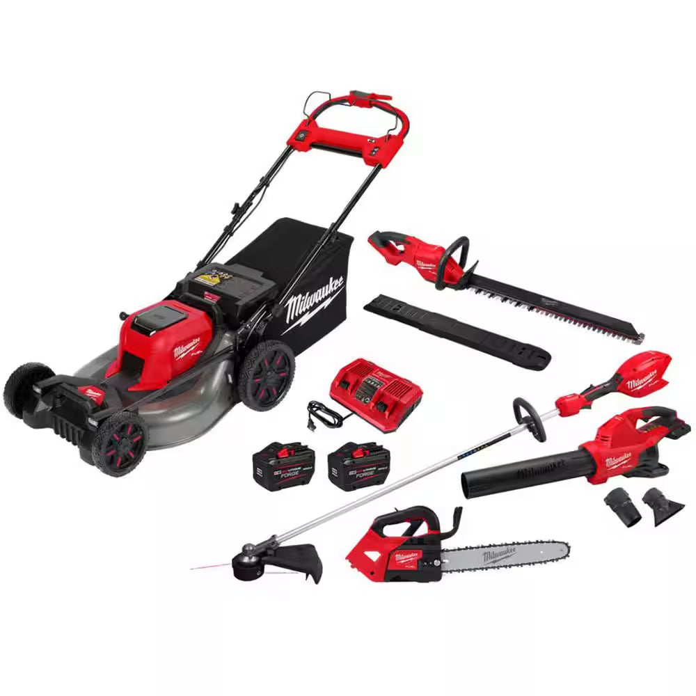 M18 FUEL 21 in Dual Battery Self-Propelled Mower W Blower, String Trimmer, Top Handle Chainsaw, (2) Batteries, Charger