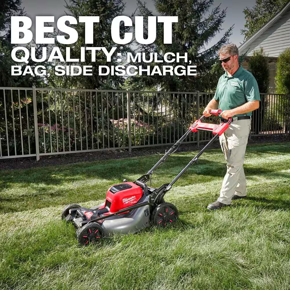 M18 FUEL Brushless Cordless 21 in Dual Battery Self-Propelled Mower W String Trimmer, Hedge Trimmer, Top Handle Chainsaw