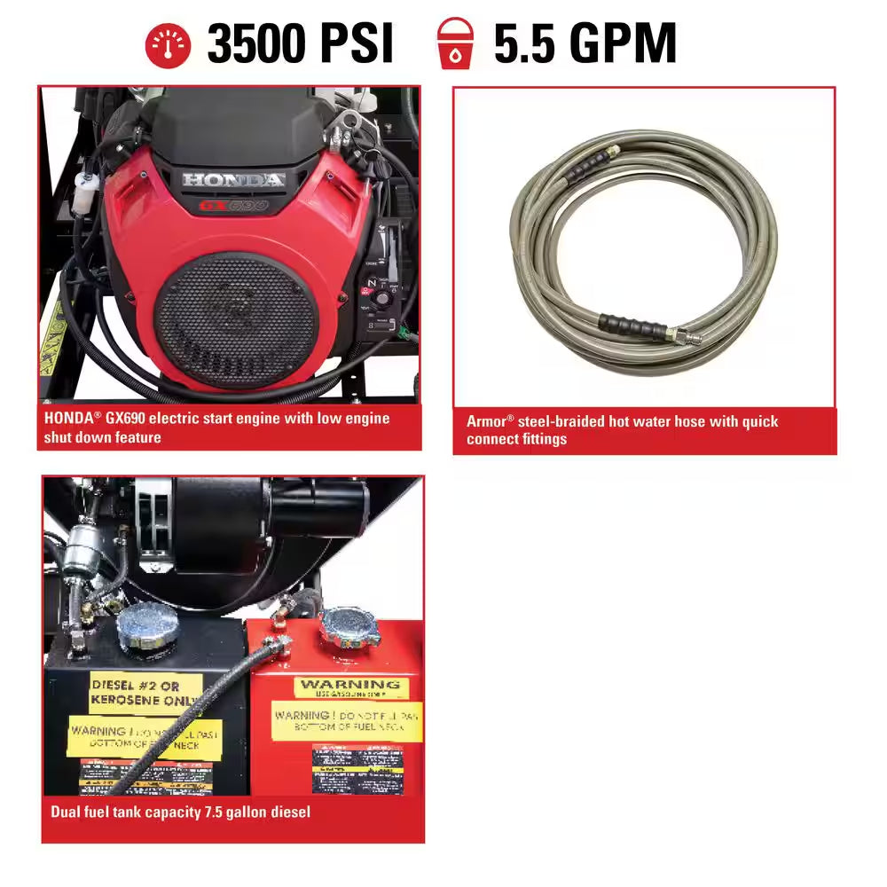 3500 PSI 5.5 GPM Hot Water Belt Drive Gas Pressure Washer, Honda Engine, Heavy-Duty Commercial Power Washer