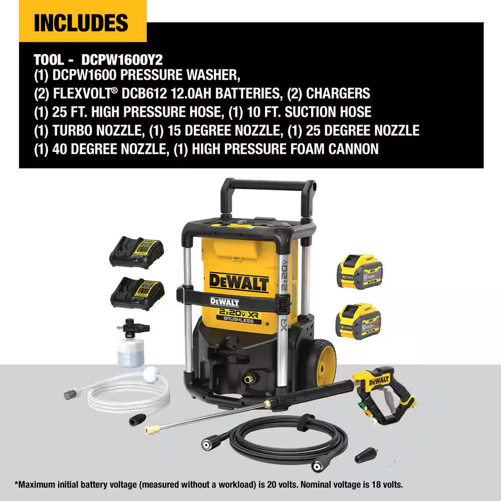 20V MAX 1600 PSI 1.2 GPM Cold Water Cordless Pressure Washer Kit with (2) FLEXVOLT 12 Ah Batteries and (2) Chargers