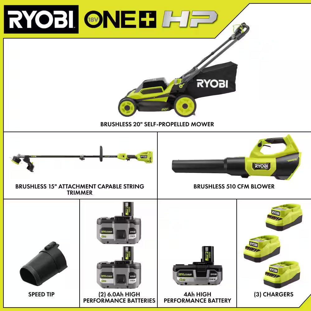 ONE+ HP 18V Brushless 20" Cordless Walk behind Self-Propelled Mower, Blower & String Trimmer W/ (3) Batteries & Chargers