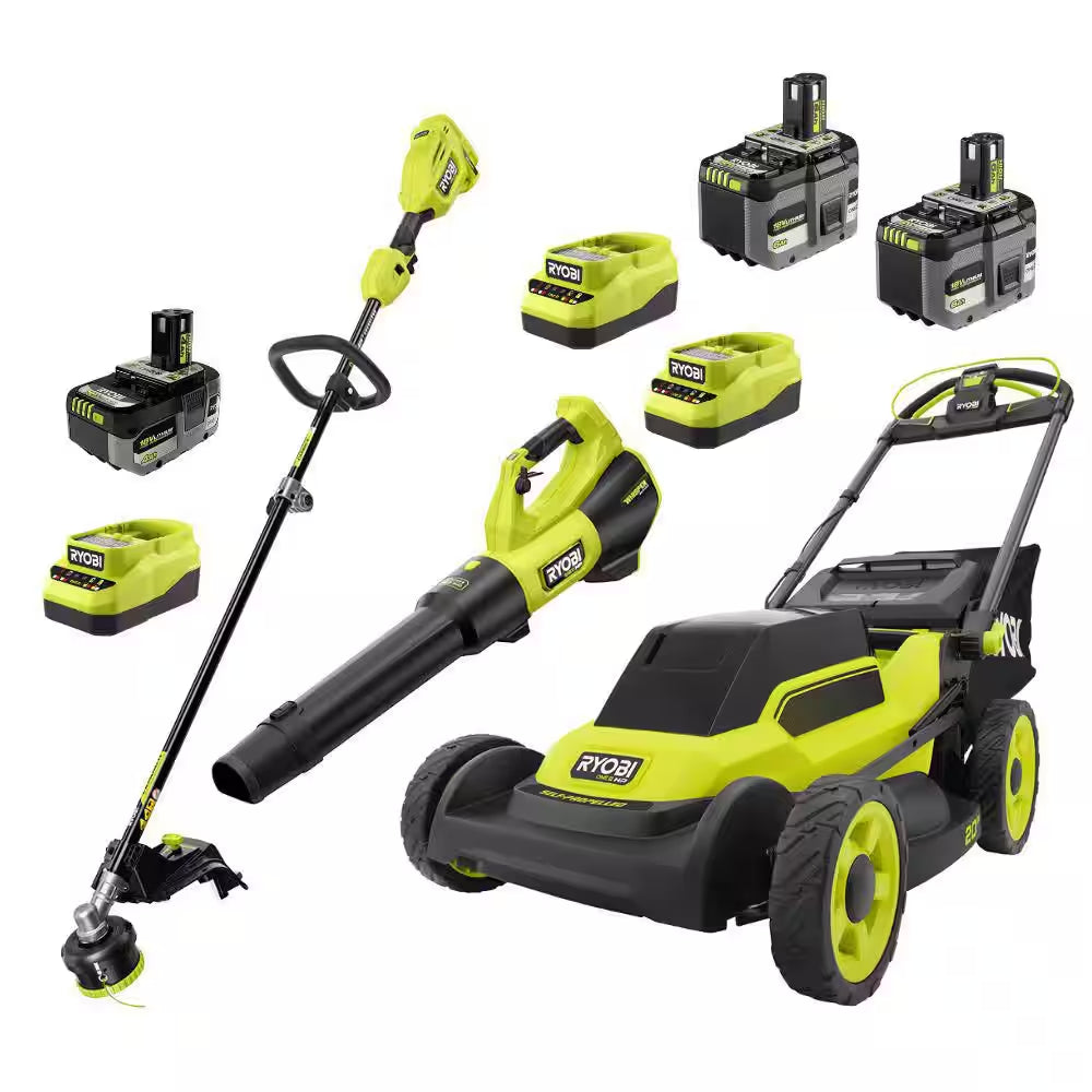 ONE+ HP 18V Brushless 20" Cordless Walk behind Self-Propelled Mower, Blower & String Trimmer W/ (3) Batteries & Chargers