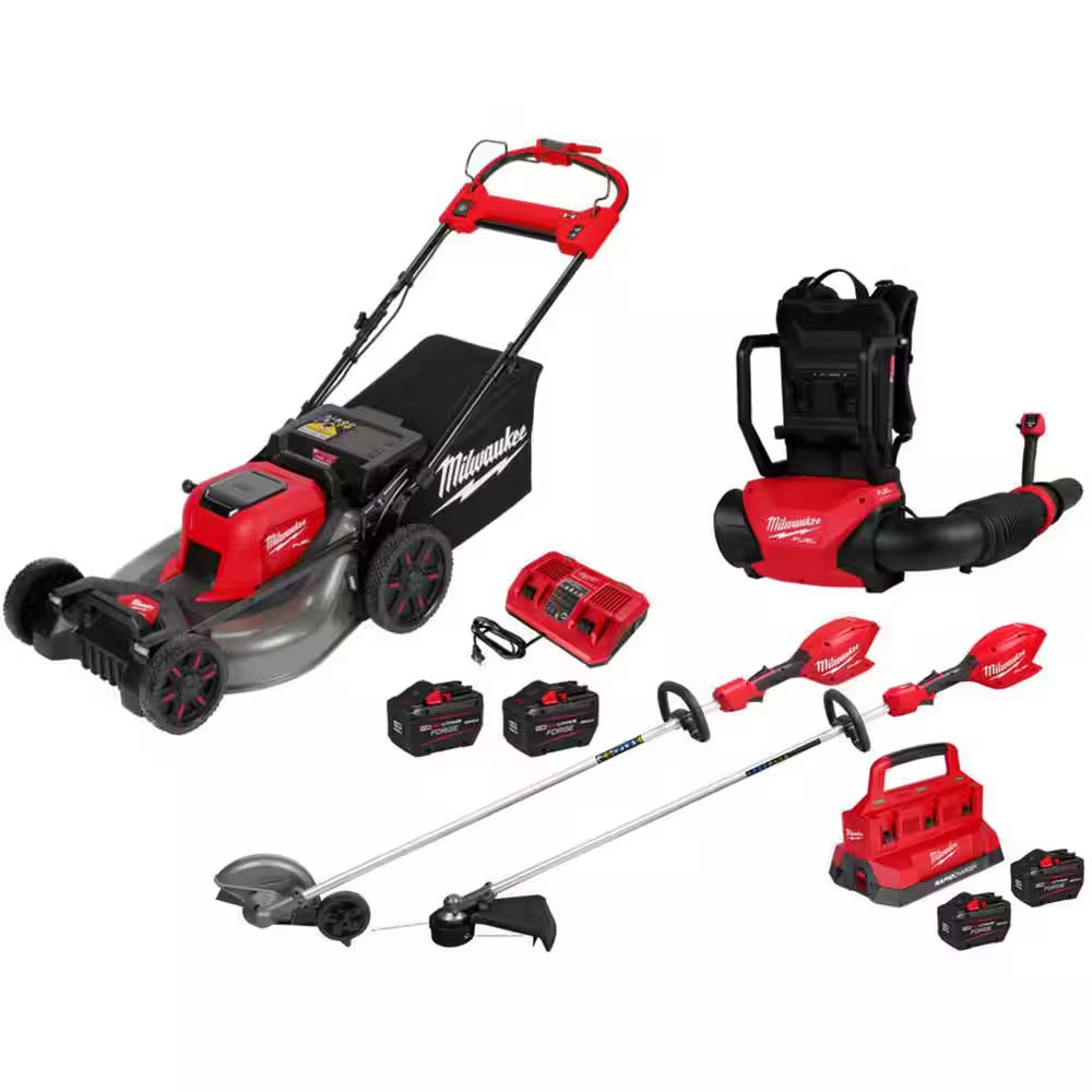 M18 FUEL 21 In. Dual Battery Self-Propelled Mower W/ Backpack Blower, String Trimmer, Edger, (4) Battery, (2) Charger