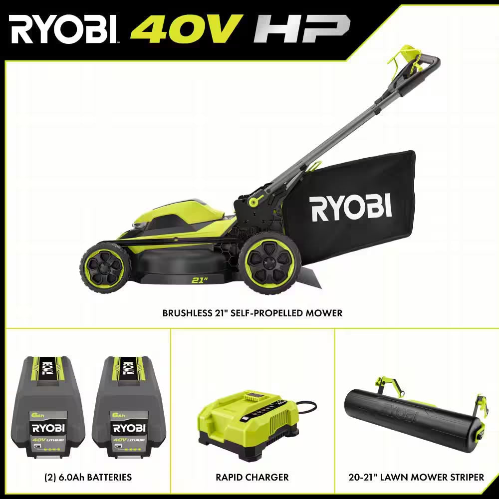 40V HP Brushless 21 In. Cordless Self-Propelled Lawn Mower with Lawn Striper Kit and (2) 6. 0Ah Batteries and Charger