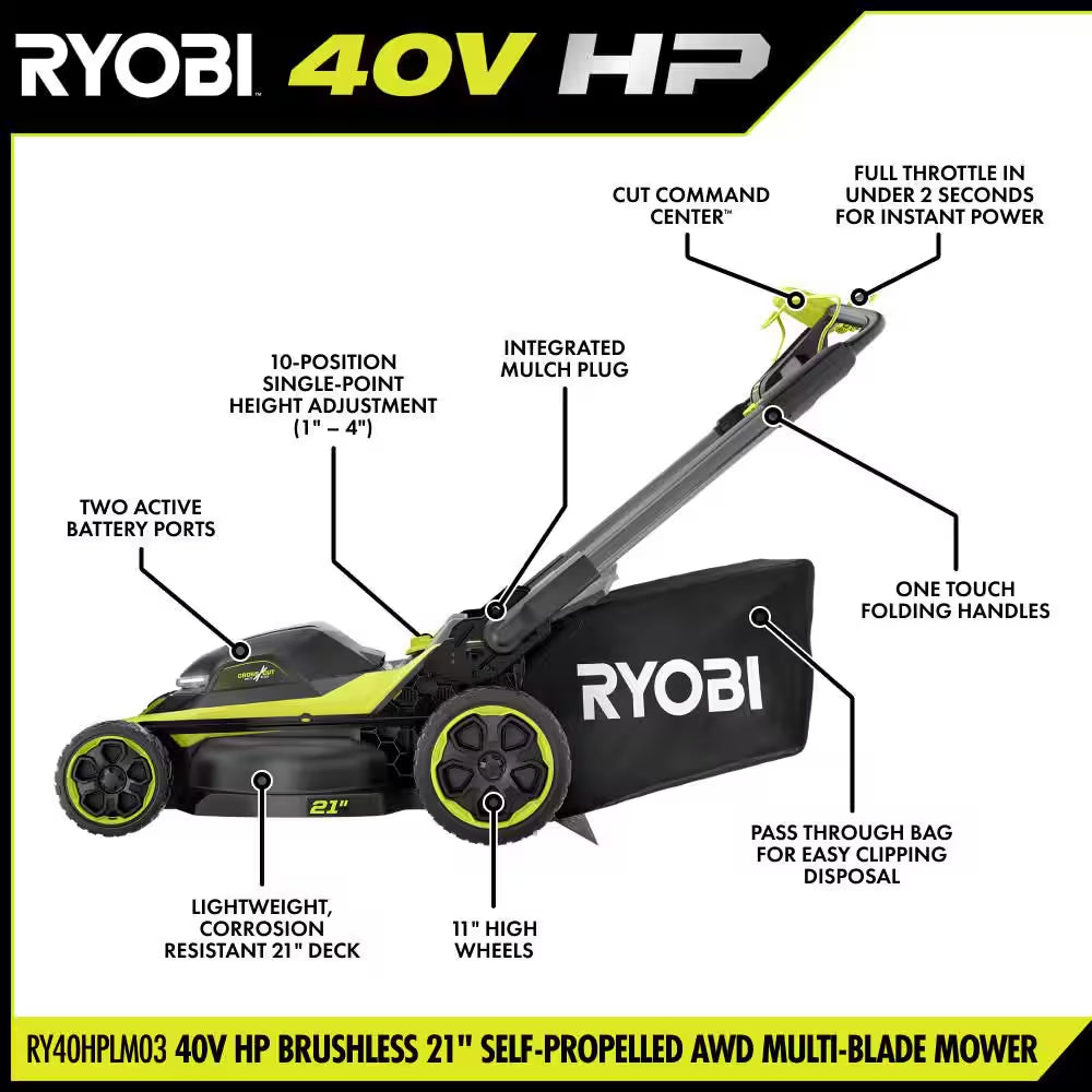 40V HP Brushless Whisper Series 21" Walk behind Self-Propelled All Wheel Drive Mower & Trimmer W/ 3 Batteries & Chargers