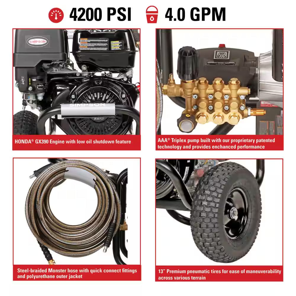 4200 PSI 4.0 GPM Gas Pressure Washer, HONDA GX390 Engine, Triplex Pump, Heavy-Duty Cold Water Commercial Power Cleaner