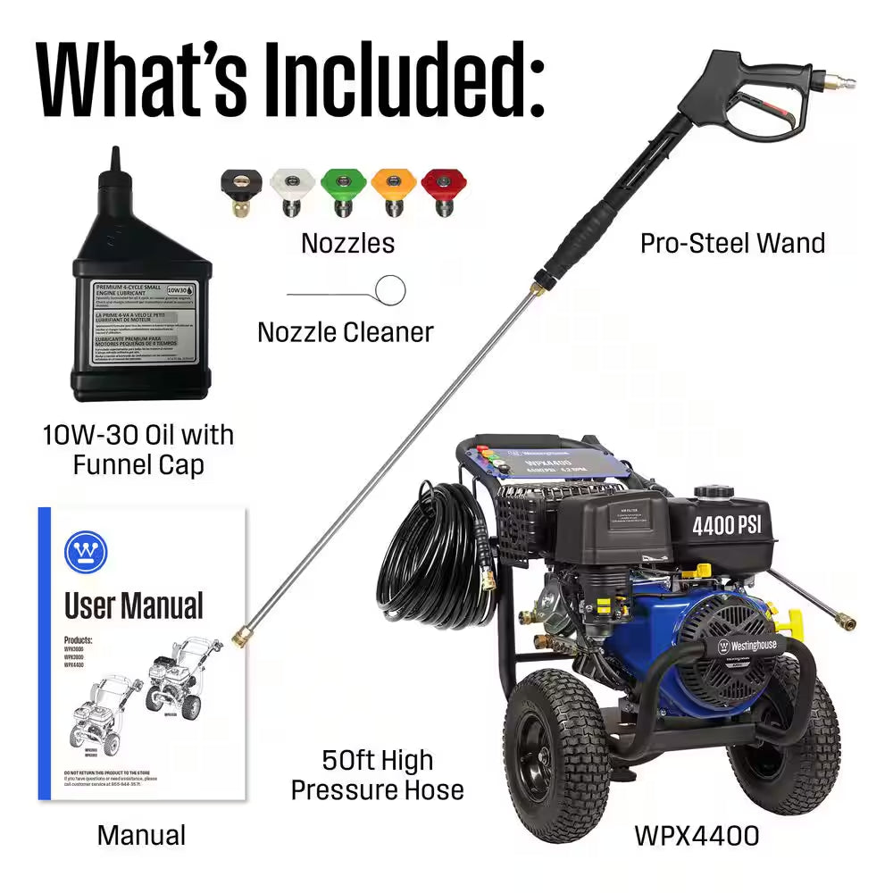 4400 PSI 4.2 GPM 420Cc Gas Powered Triplex Pump Cold Water Pressure Washer with 5-Quick Connect Nozzles