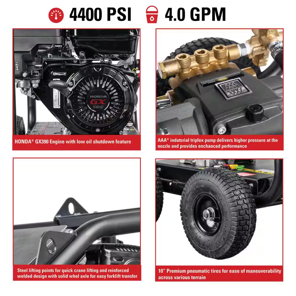 4400 PSI 4.0 GPM Gas Pressure Washer with Honda GX390 Engine, Roll Cage, Heavy-Duty Cold Water Commercial Power Cleaner