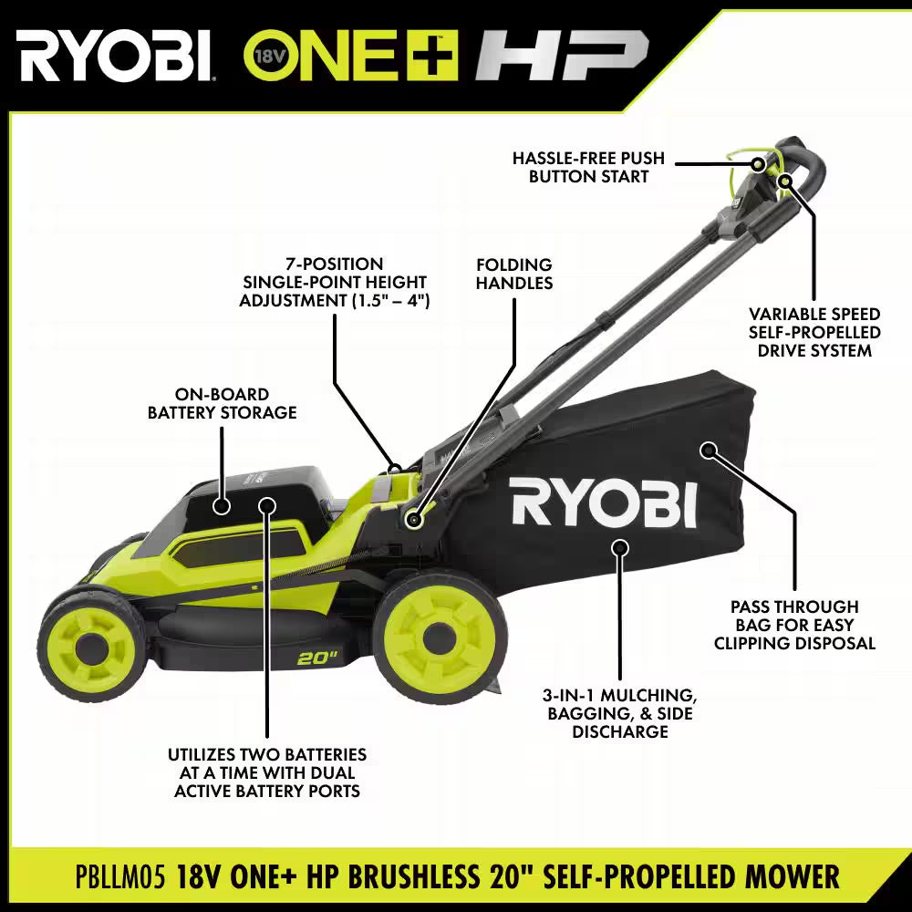 ONE+ HP 18V Brushless 20 In. Cordless Walk behind Self Propelled Mower, Blower & String Trimmer W/ Batteries & Chargers