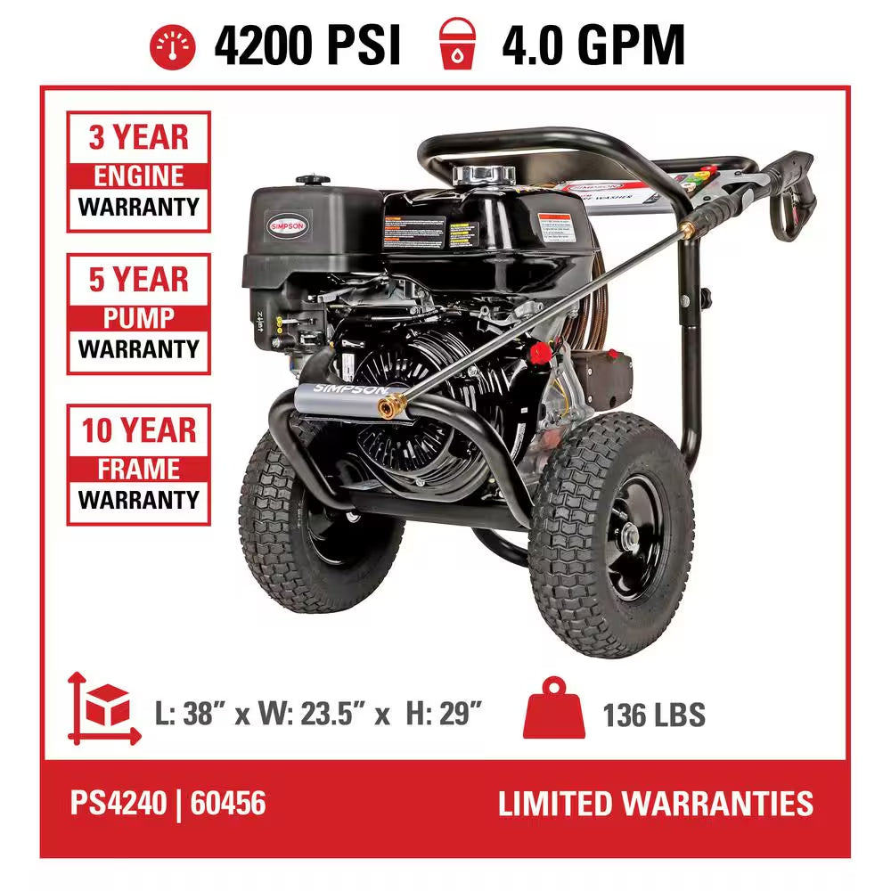 4200 PSI 4.0 GPM Gas Pressure Washer, HONDA GX390 Engine, Triplex Pump, Heavy-Duty Cold Water Commercial Power Cleaner