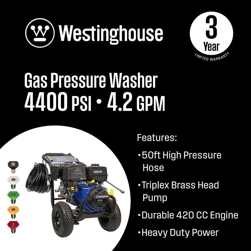 4400 PSI 4.2 GPM 420Cc Gas Powered Triplex Pump Cold Water Pressure Washer with 5-Quick Connect Nozzles