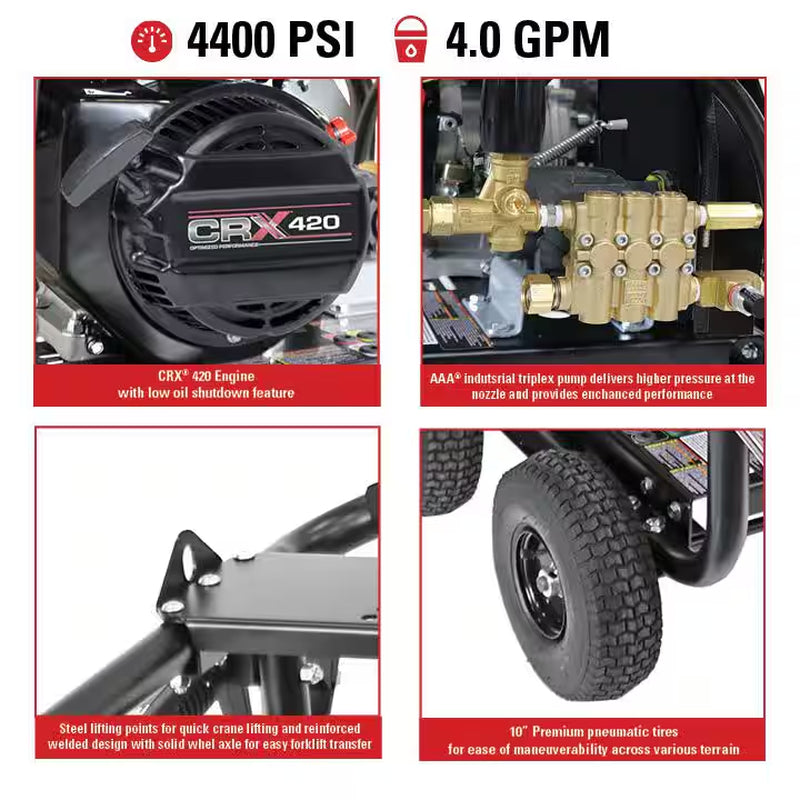 4400 PSI 4.0 GPM Gas Pressure Washer with AAA Triplex Pump and Roll Cage, Heavy-Duty Cold Water Commercial Power Washer