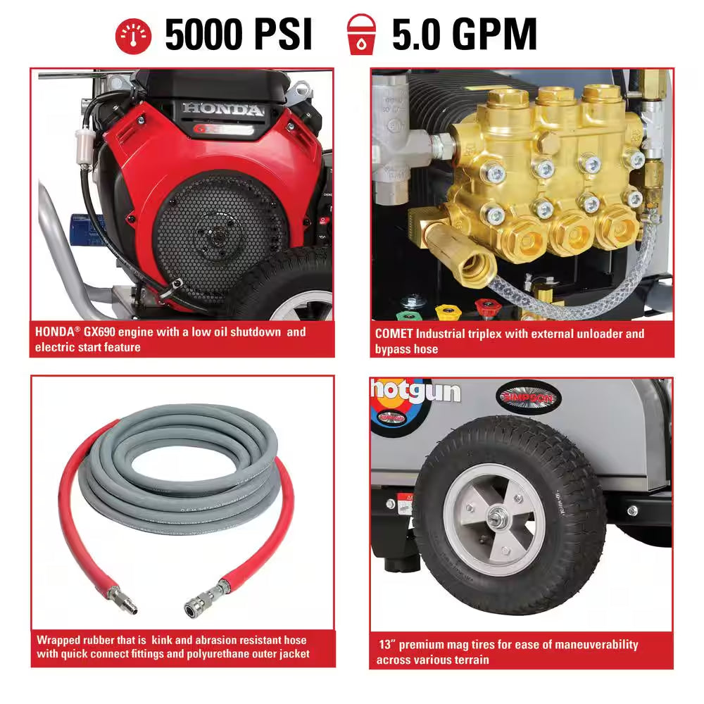 5000 PSI 5.0 GPM Belt Drive Gas Pressure Washer, Honda GX690 Engine, Commercial Cold Water Power Washer