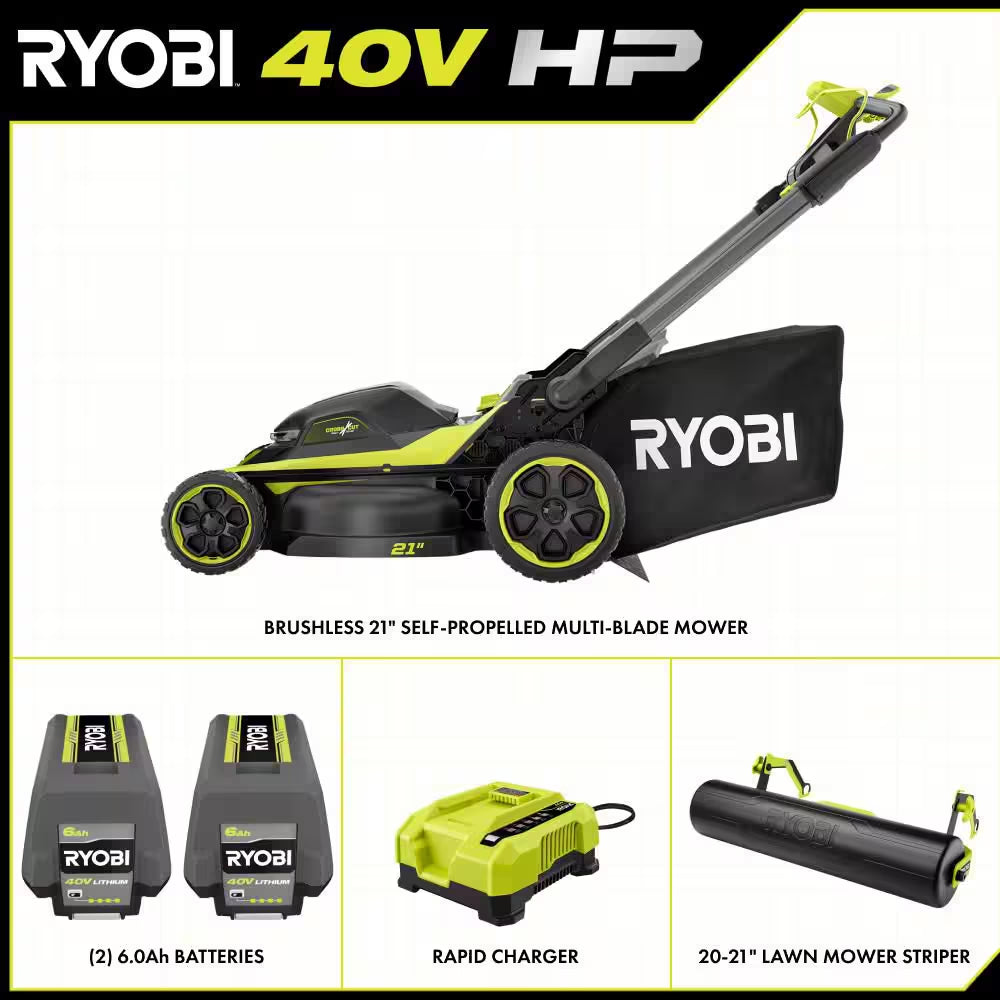 40V HP Brushless 21 In. Cordless Multi-Blade Self-Propelled Mower W/ Lawn Striper Kit & (2) 6.0Ah Batteries and Charger
